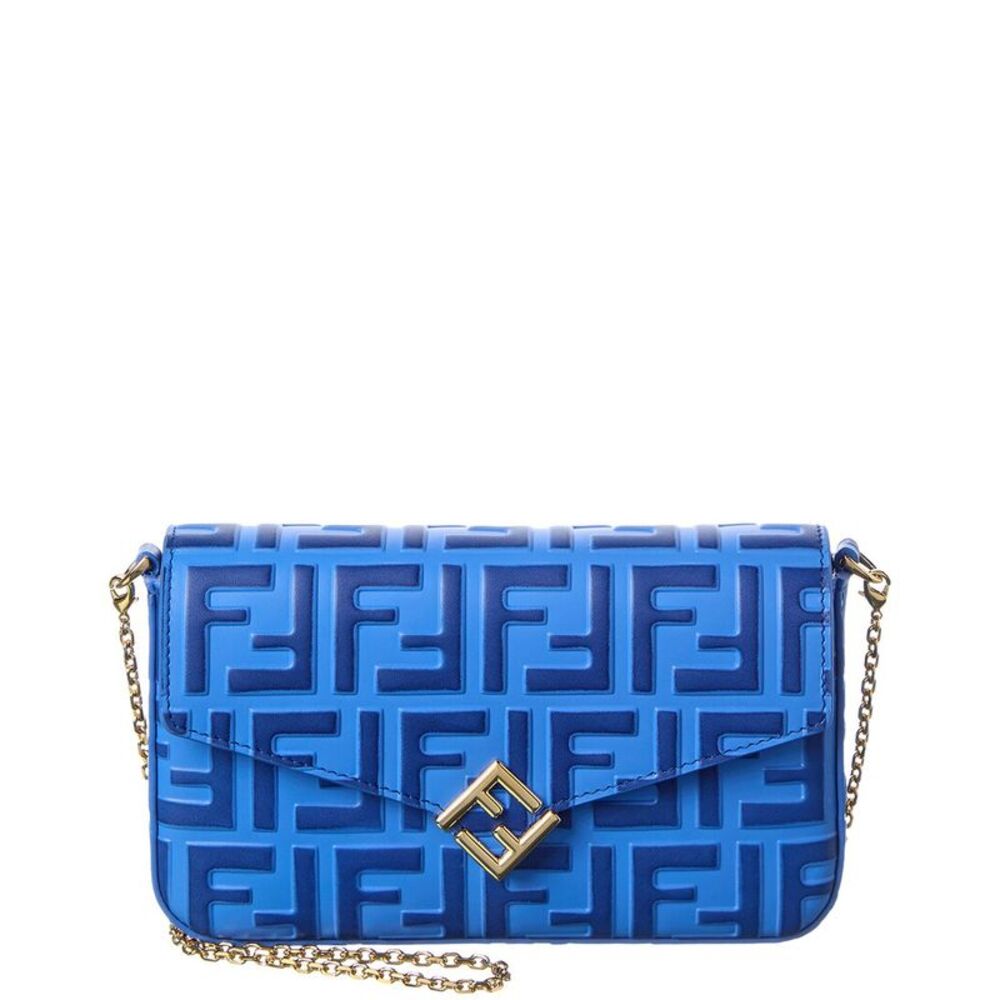 Fendi Ff Diamonds Leather Wallet On Chain, Blue